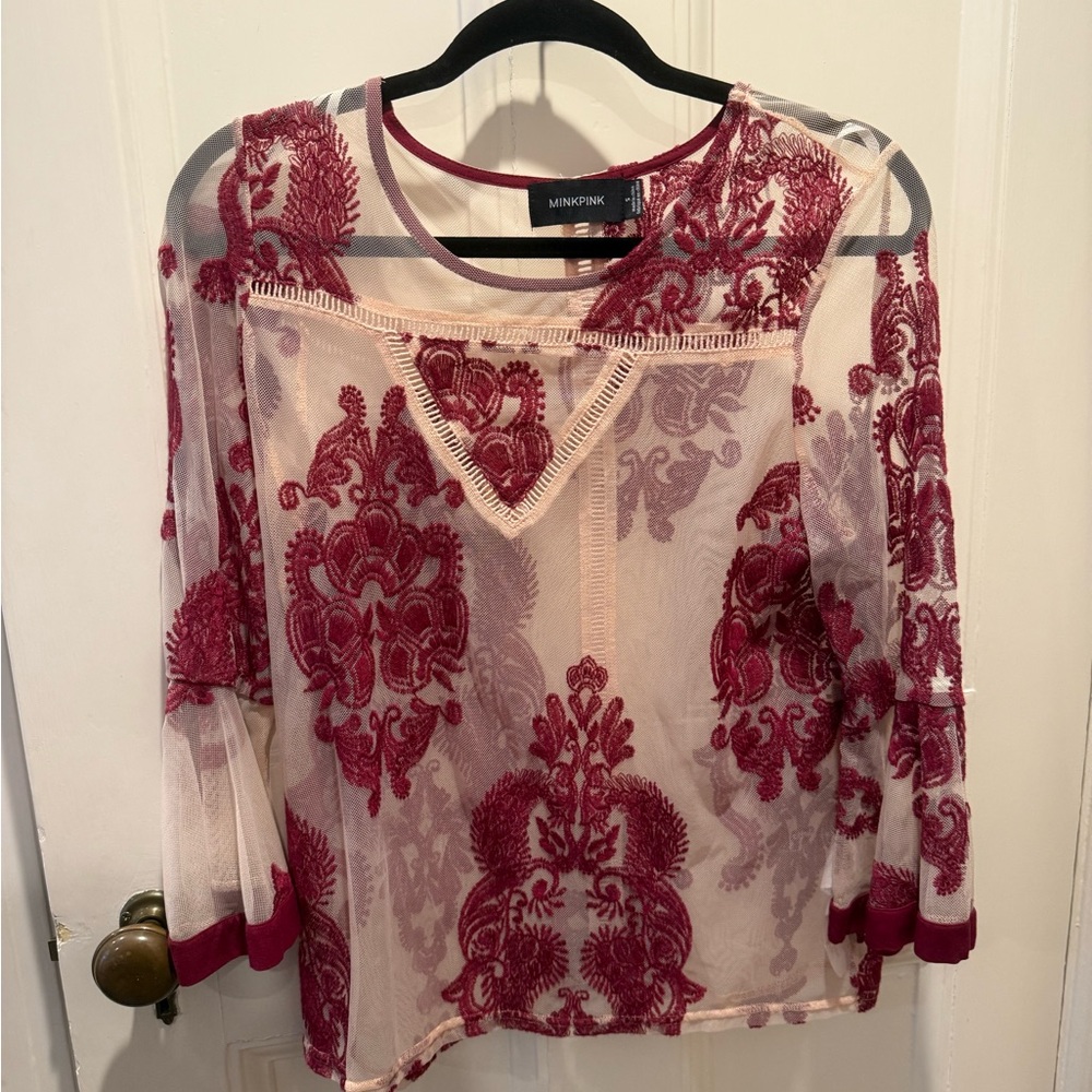 MINKPINK Women's Burgundy and Cream Sheer Blouse